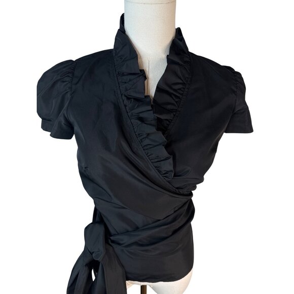 ZARA Black XS Ruffle Neck Wrap Top With Puff Sleeves & Side Sash Tie - Picture 5 of 16
